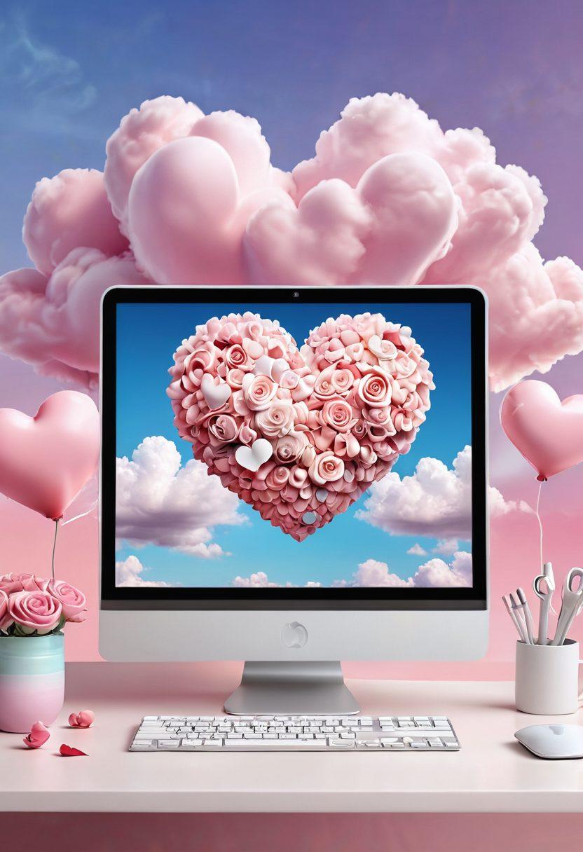 A whimsical digital landscape featuring a heart-shaped cloud above a computer screen displaying a love-themed website. Include romantic elements like roses and hearts intertwining with web hosting icons, symbolizing connectivity. The backdrop should blend soft pastel colors to create a dreamy atmosphere. super-realistic. vibrant colors. 3D.