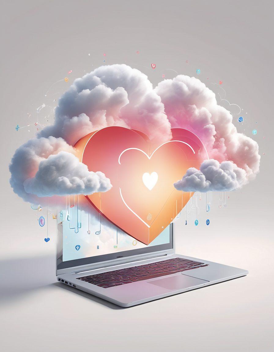 A serene digital landscape representing a cloud with a heart-shaped outline, symbolizing love and security. The cloud is glowing softly in pastel colors, surrounded by floating icons of affordable hosting services, such as servers and dollar signs. In the foreground, a couple is gazing at the cloud, illustrating the relationship theme. The overall feel is warm and inviting, capturing the essence of connection in the digital realm. super-realistic. vibrant colors. white background.