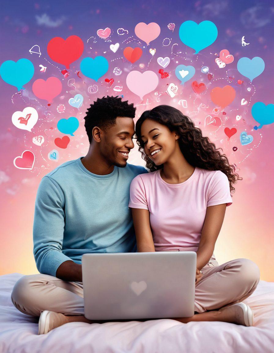 A romantic scene featuring a diverse couple happily working on their love-themed website together on a laptop, surrounded by heart-shaped icons, and symbols of digital love like chat bubbles and email notifications floating around them. The background should have a dreamy sky with soft pastel colors and a hint of technology. super-realistic. vibrant colors. warm tones.
